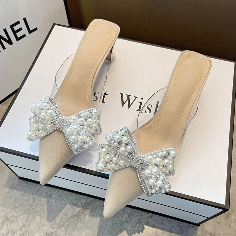 Bow Spool Beaded Heel Sandals Transparent