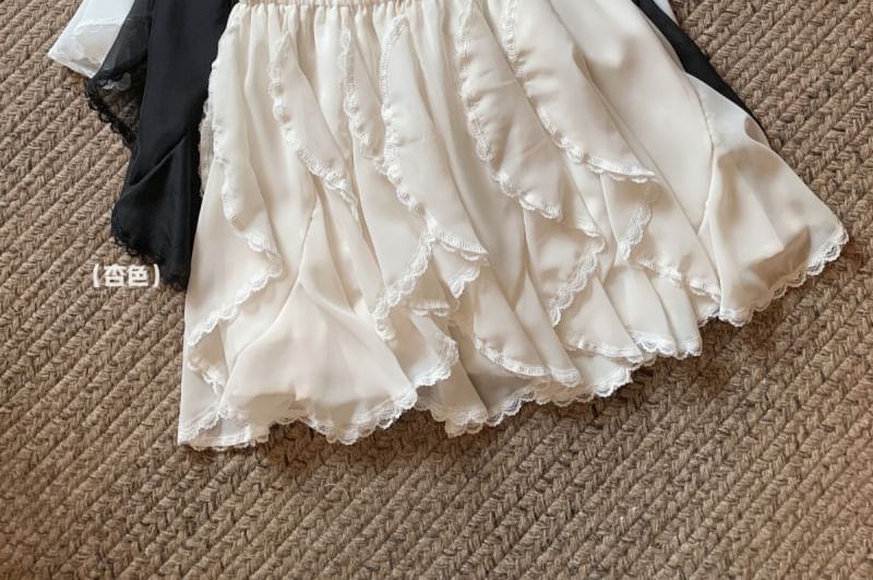 A-Line Lace Mini Waist Plain Ruffle Trim High Skirt