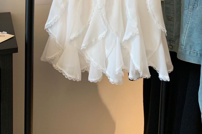 A-Line Lace Mini Waist Plain Ruffle Trim High Skirt