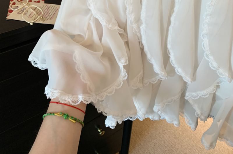 A-Line Lace Mini Waist Plain Ruffle Trim High Skirt