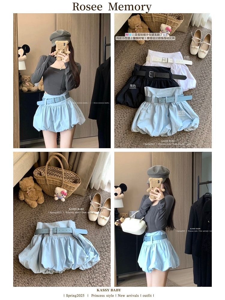 Mini Plain Waist Belt Skirt Paperbag + Set: High