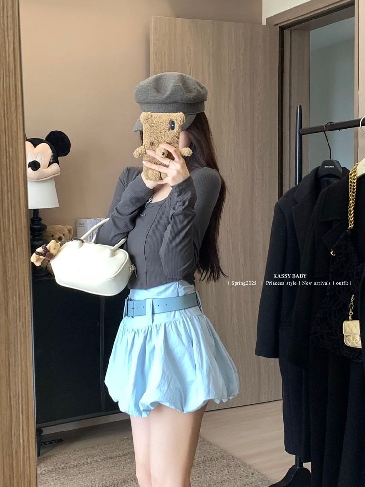 Mini Plain Waist Belt Skirt Paperbag + Set: High