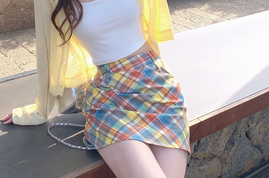 Cardigan Perforated Button-Up Plain Crop Crew Neck