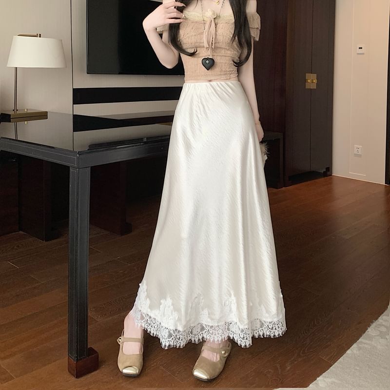 A-Line High Panel Skirt Satin Midi Lace Rise