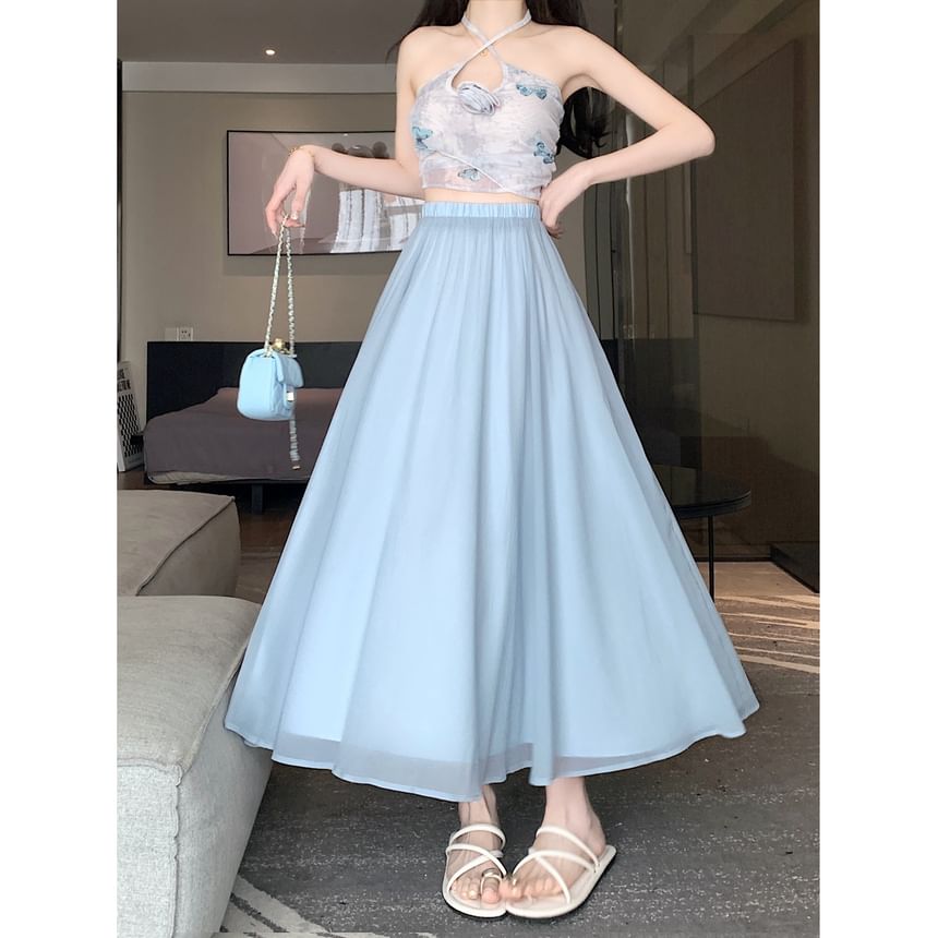 Mesh Rise Skirt A-Line Midi Plain High