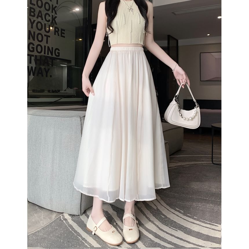 Mesh Rise Skirt A-Line Midi Plain High