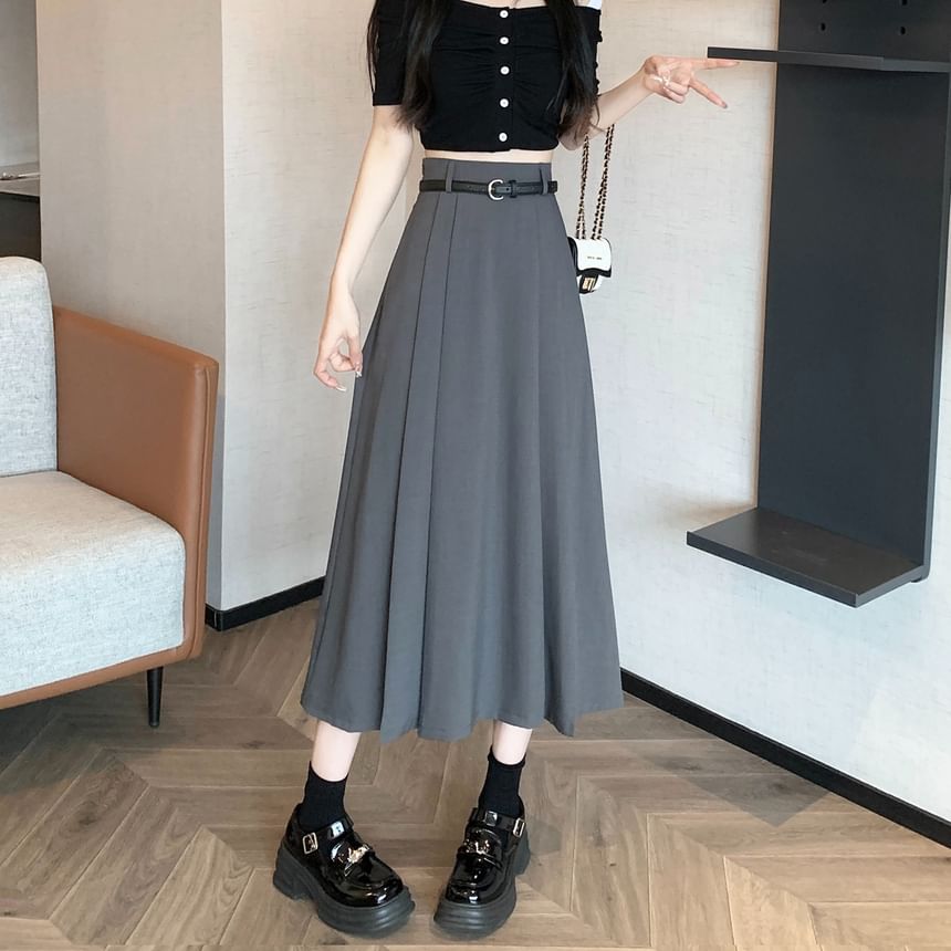High Rise A-Line Midi Plain Pleated Skirt