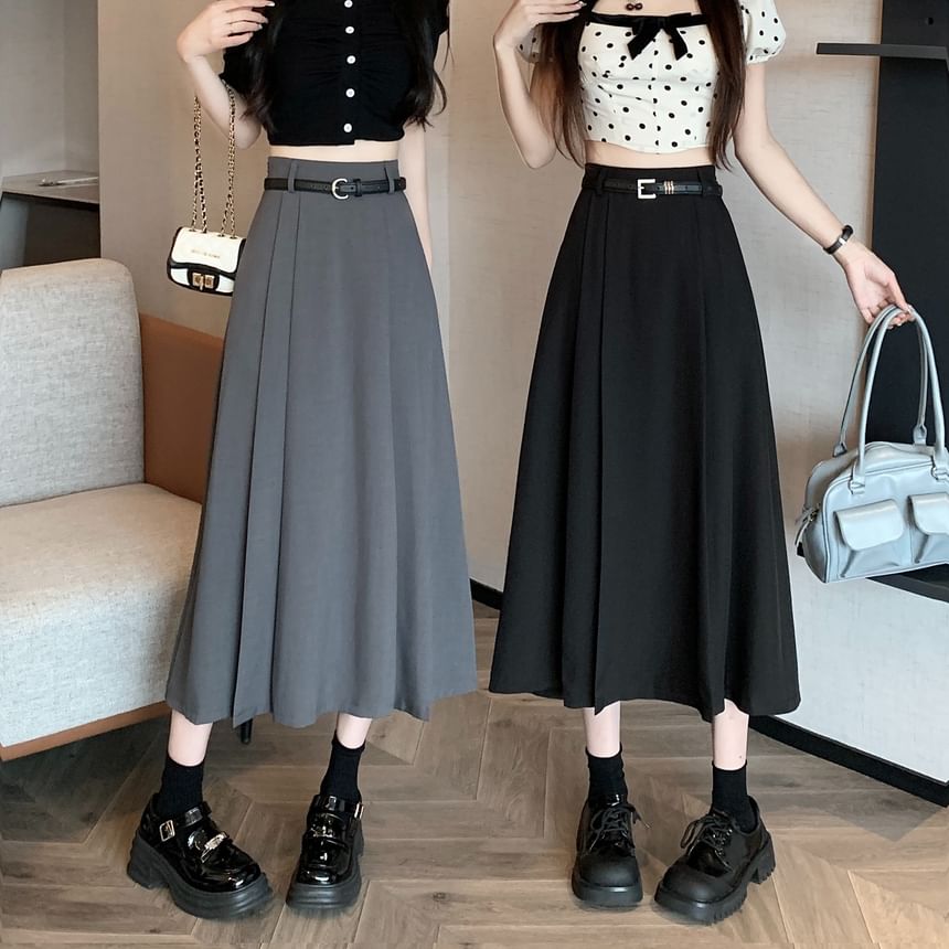 High Rise A-Line Midi Plain Pleated Skirt