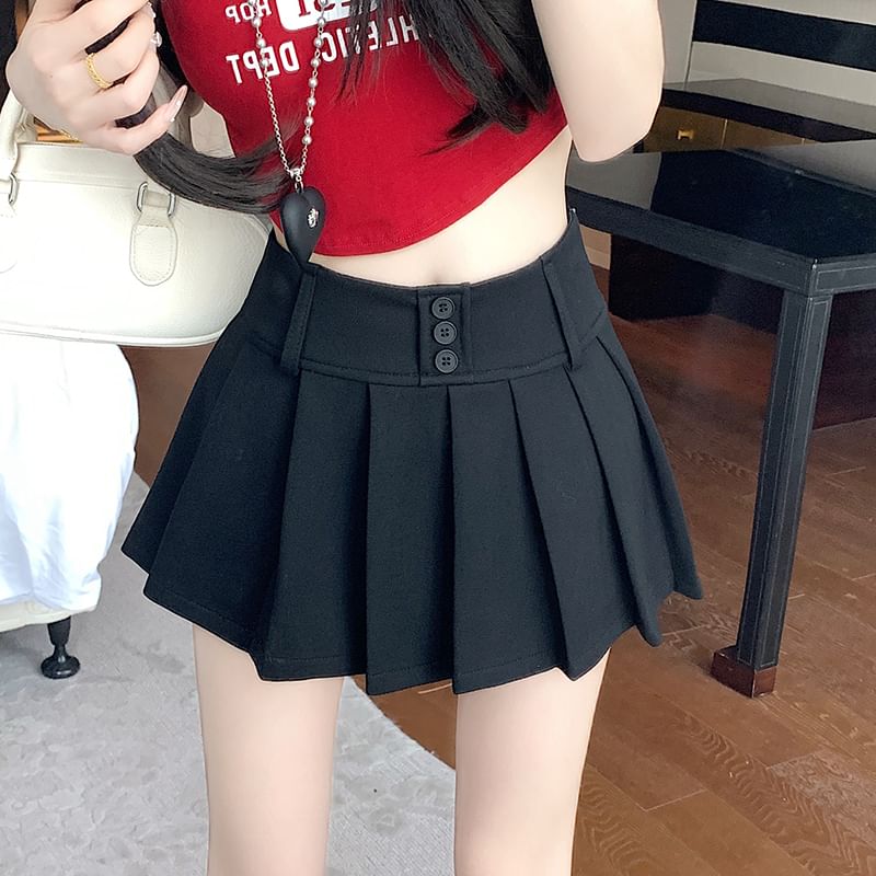 Waist A-Line High Pleated Skort Plain Mini