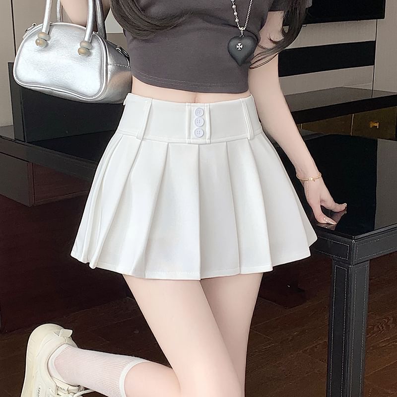 Waist A-Line High Pleated Skort Plain Mini