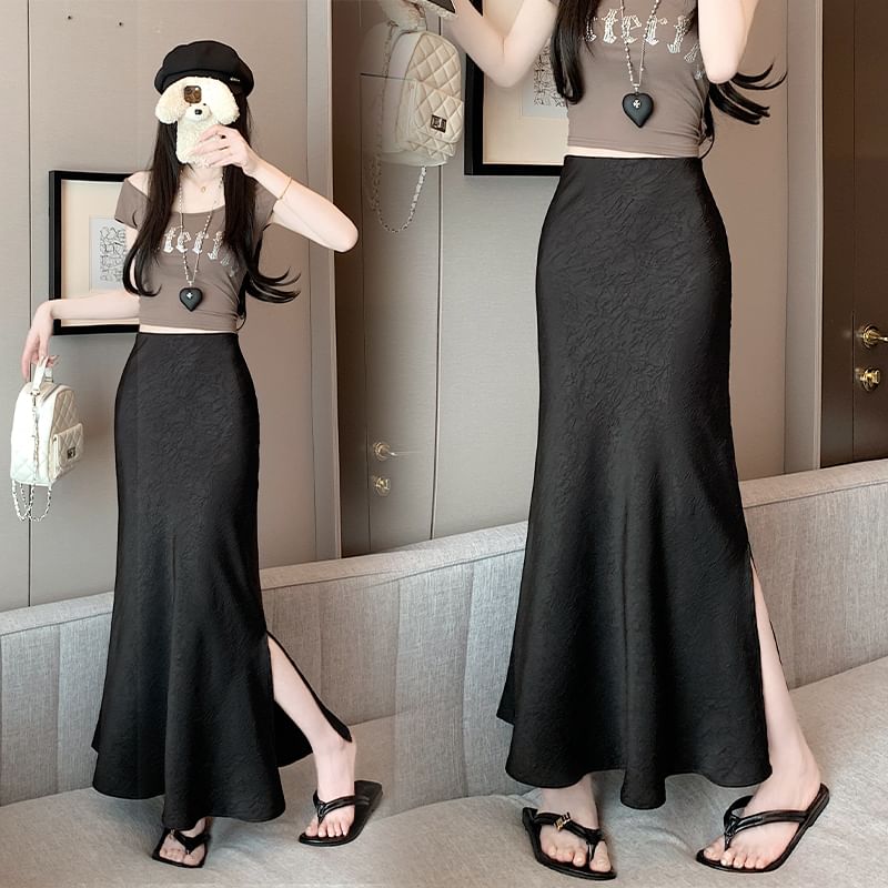 Satin Maxi Slit Fishtail Plain Skirt Rise High