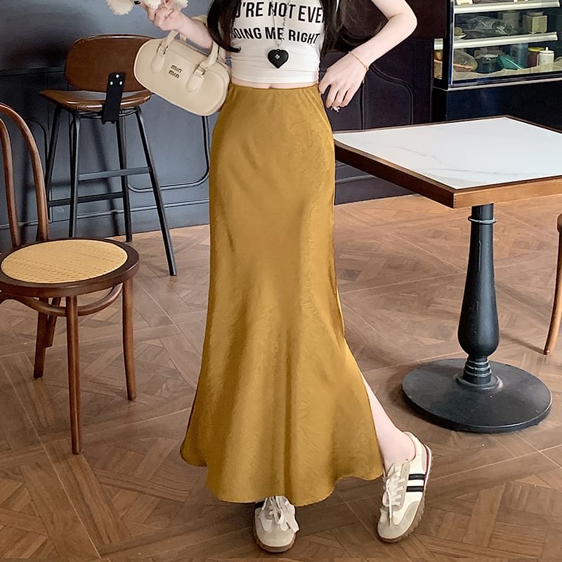 Satin Maxi Slit Fishtail Plain Skirt Rise High