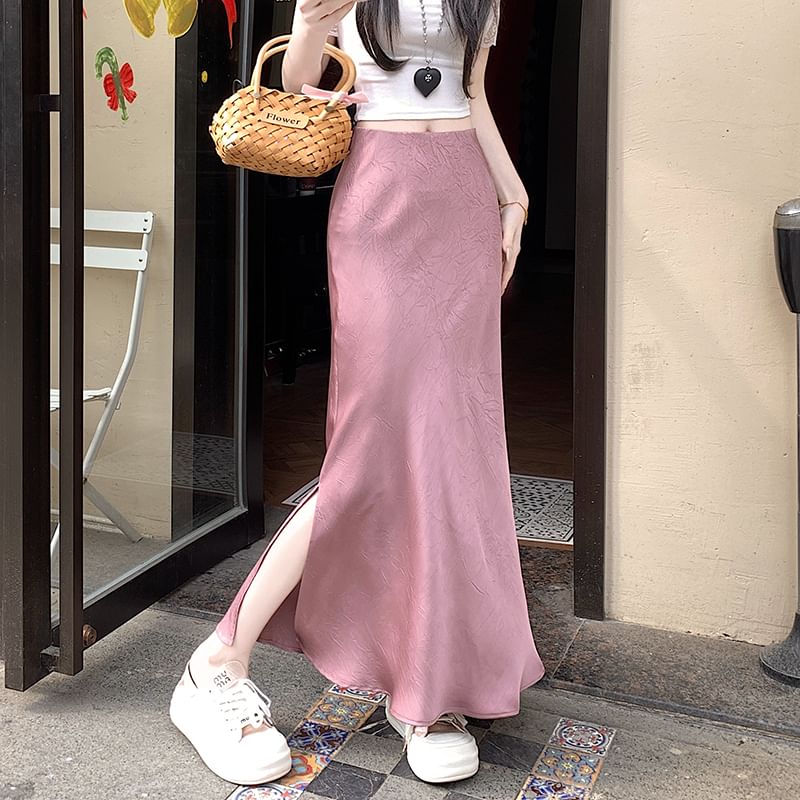 Satin Maxi Slit Fishtail Plain Skirt Rise High