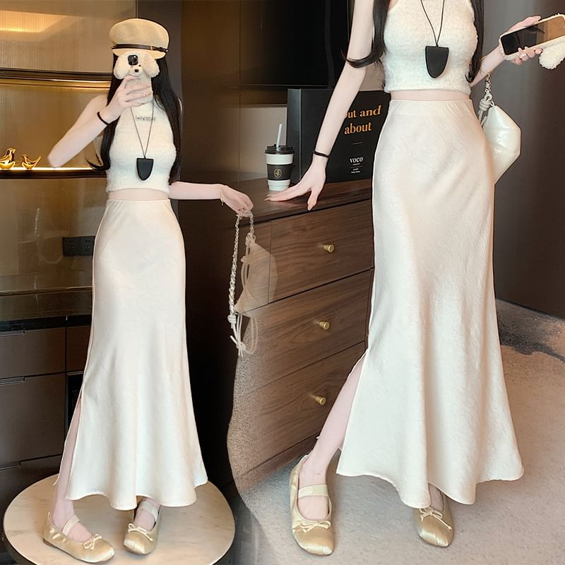 Satin Maxi Slit Fishtail Plain Skirt Rise High
