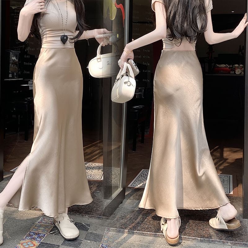Satin Maxi Slit Fishtail Plain Skirt Rise High