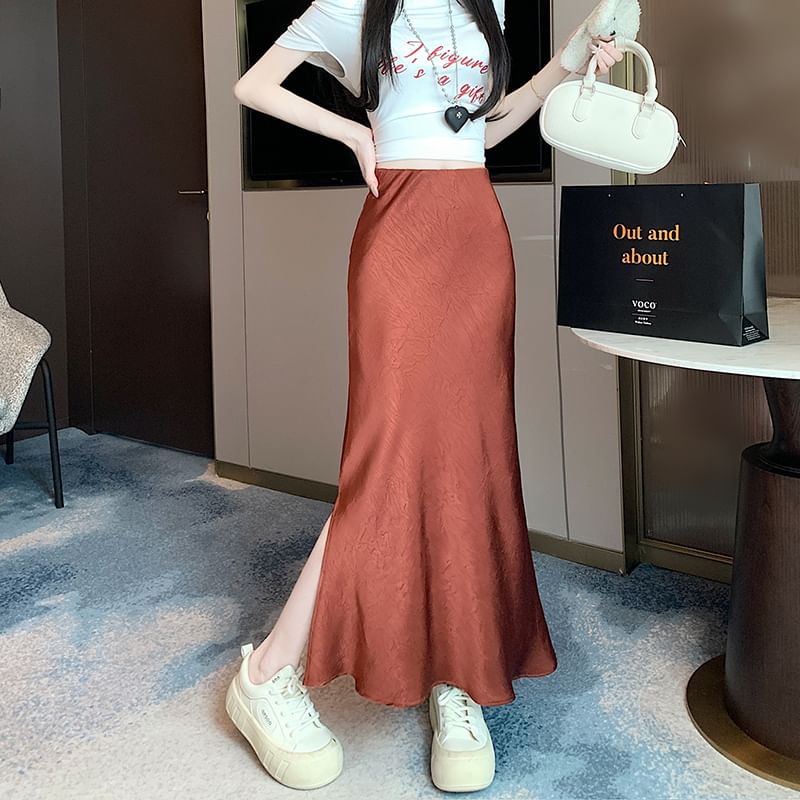 Satin Maxi Slit Fishtail Plain Skirt Rise High