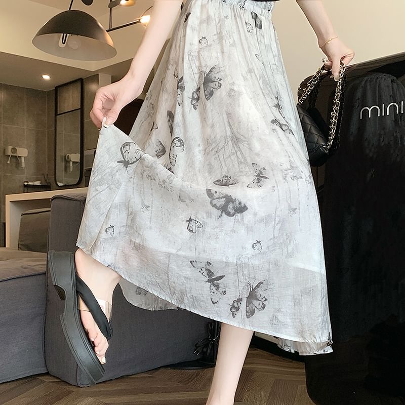 Midi Butterfly A-Line Print Skirt Rise High