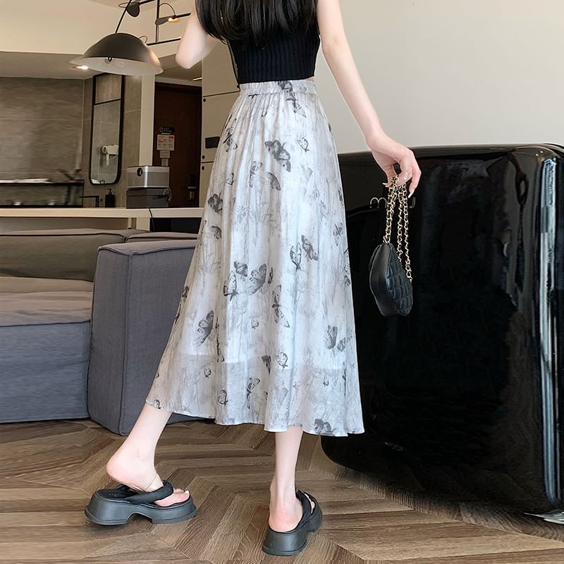 Midi Butterfly A-Line Print Skirt Rise High