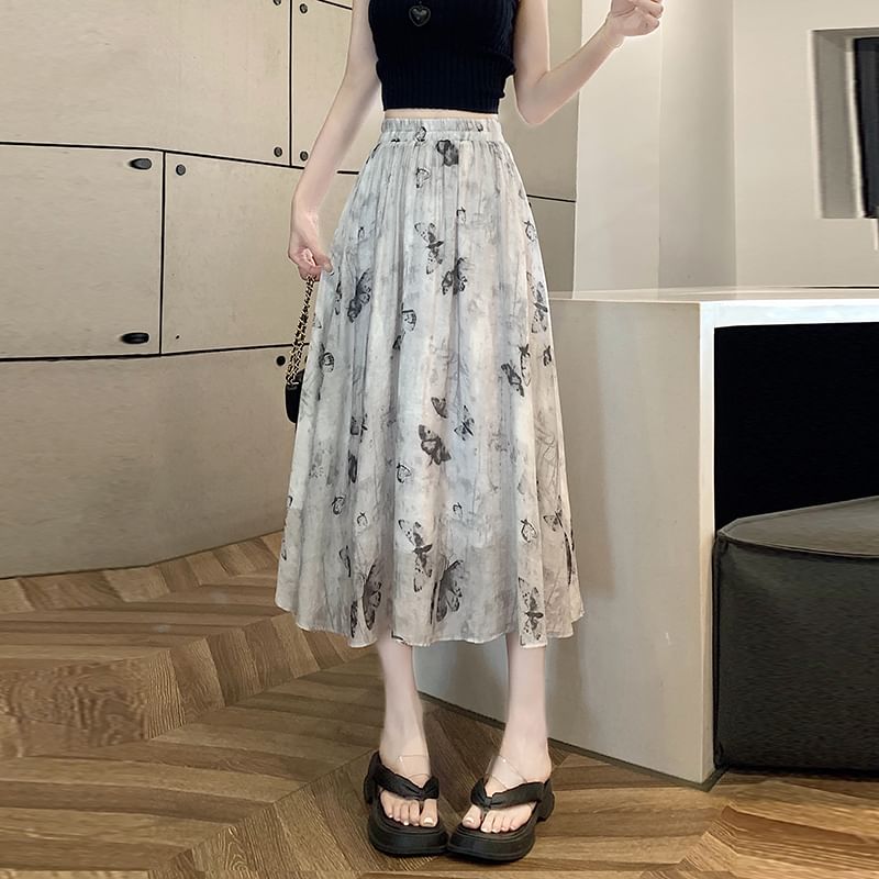 Midi Butterfly A-Line Print Skirt Rise High