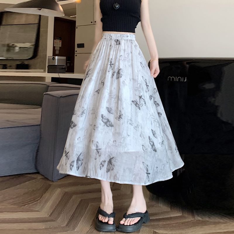 Midi Butterfly A-Line Print Skirt Rise High