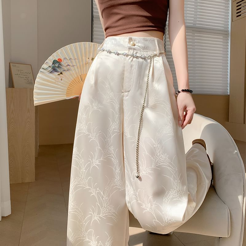 Waist Wide Satin Pants Leg Jacquard High