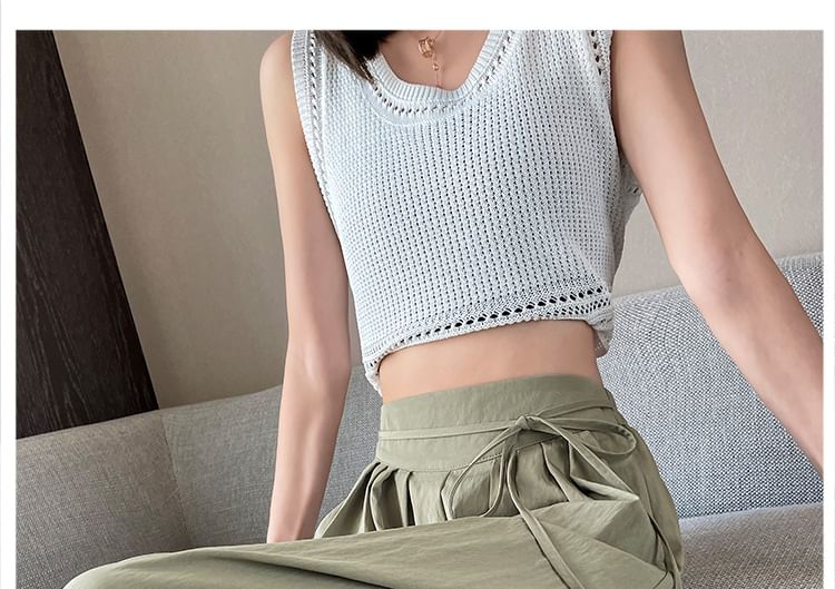 Plain Cropped Pleated Waist Culottes High