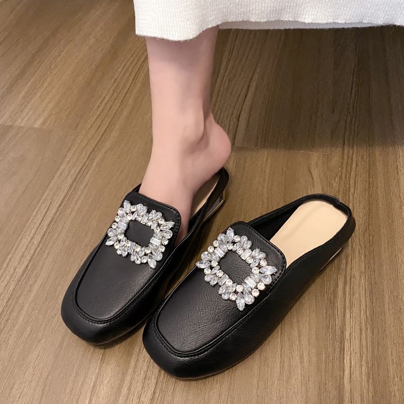 Faux Leather Rhinestone Accent Mules