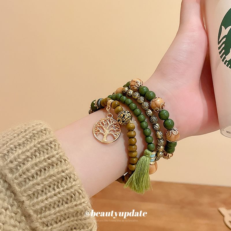 / Designs) Faux Tassel Wooden Set Gemstone Bead Bracelet (Various