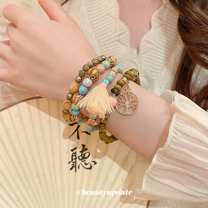 / Designs) Faux Tassel Wooden Set Gemstone Bead Bracelet (Various