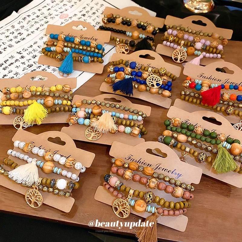 / Designs) Faux Tassel Wooden Set Gemstone Bead Bracelet (Various