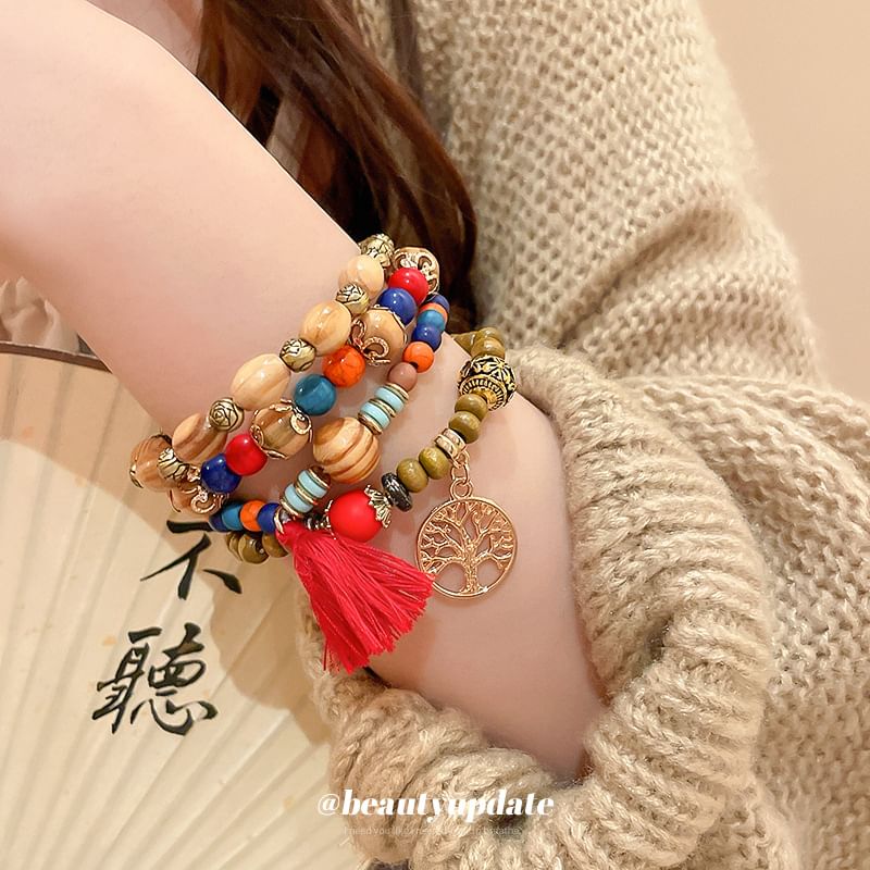 / Designs) Faux Tassel Wooden Set Gemstone Bead Bracelet (Various