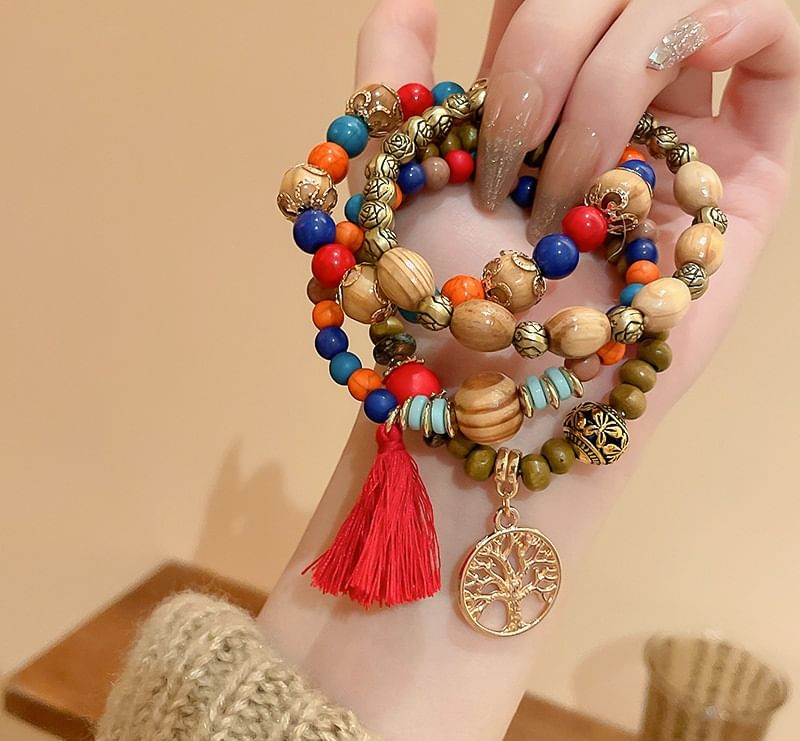 / Designs) Faux Tassel Wooden Set Gemstone Bead Bracelet (Various