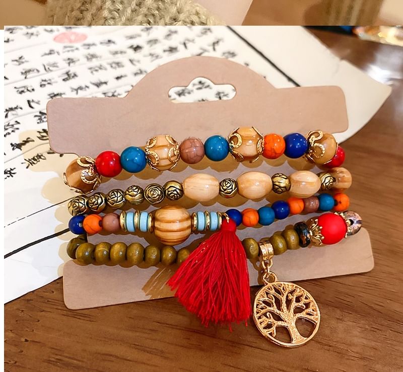 / Designs) Faux Tassel Wooden Set Gemstone Bead Bracelet (Various