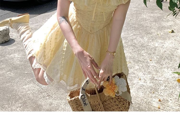 A-Line Mini Dress Sleeve Bow Lace Panel Neck Ruffle Square Short