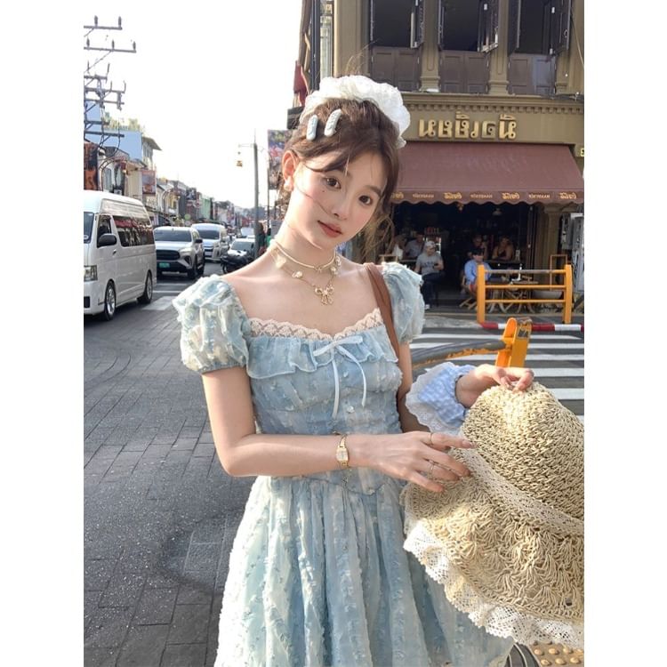 A-Line Mini Dress Sleeve Bow Lace Panel Neck Ruffle Square Short