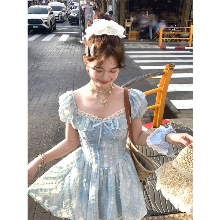 A-Line Mini Dress Sleeve Bow Lace Panel Neck Ruffle Square Short