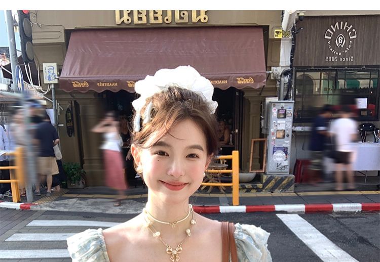 A-Line Mini Dress Sleeve Bow Lace Panel Neck Ruffle Square Short