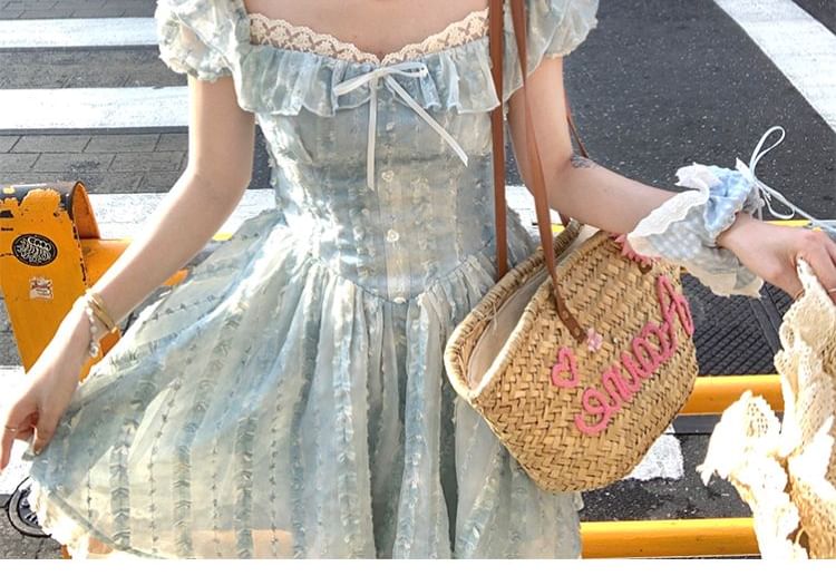 A-Line Mini Dress Sleeve Bow Lace Panel Neck Ruffle Square Short