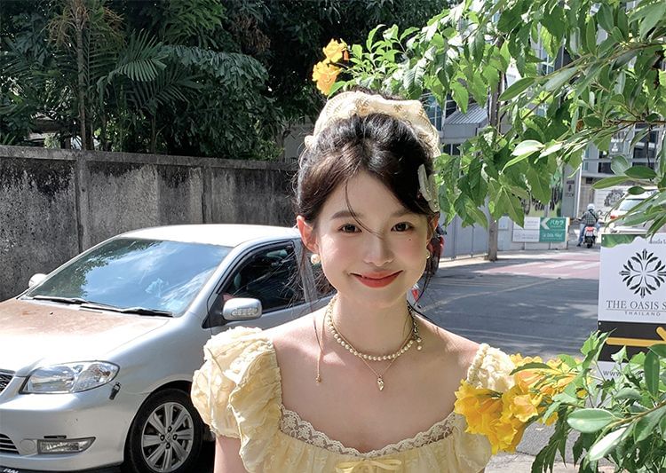 A-Line Mini Dress Sleeve Bow Lace Panel Neck Ruffle Square Short