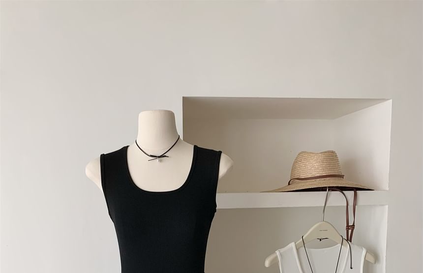 Dress Neck Mini Plain Scoop Ribbed Sleeveless A-Line