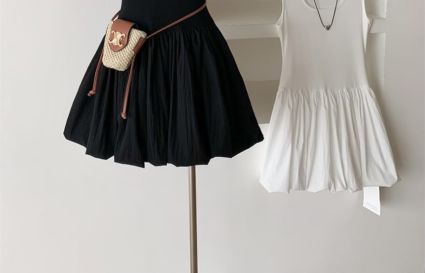 Dress Neck Mini Plain Scoop Ribbed Sleeveless A-Line