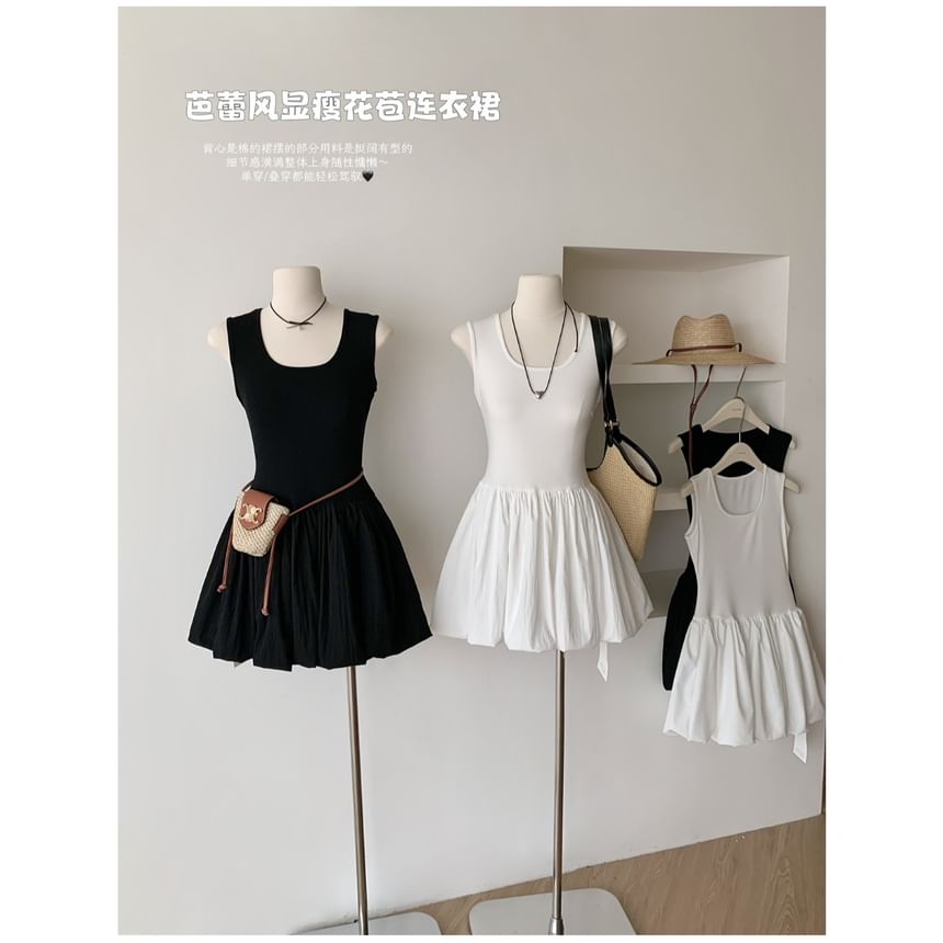 Dress Neck Mini Plain Scoop Ribbed Sleeveless A-Line