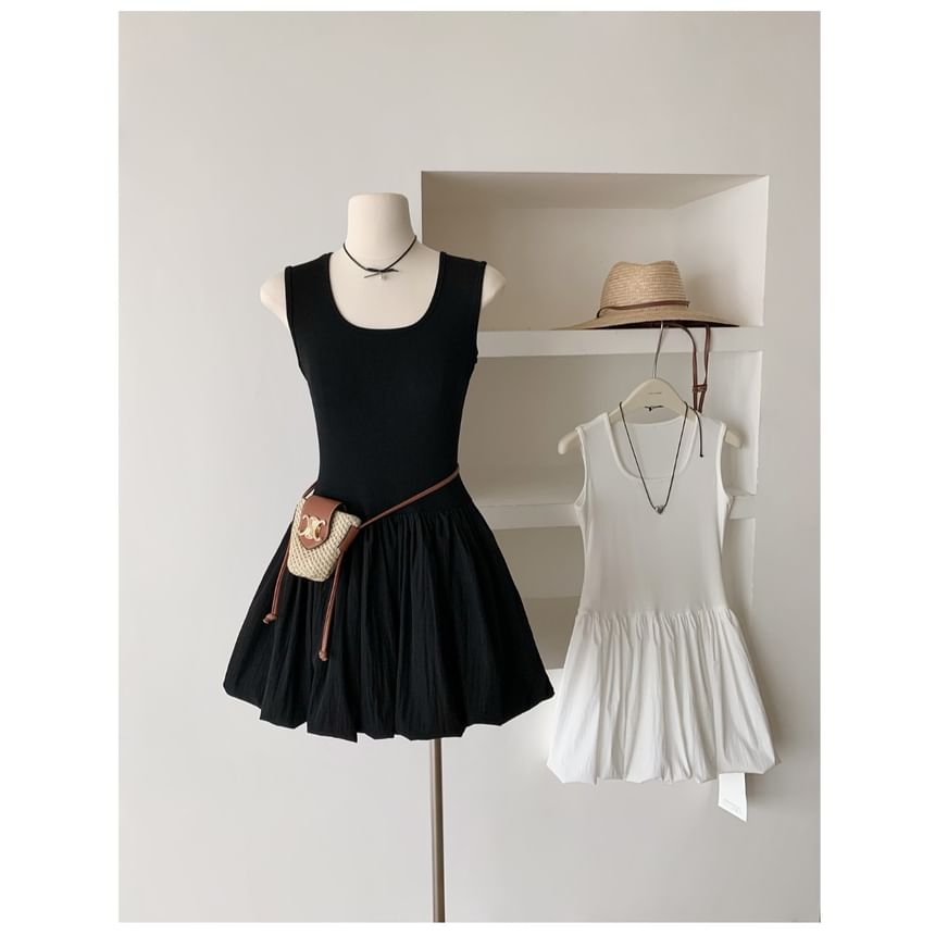 Dress Neck Mini Plain Scoop Ribbed Sleeveless A-Line