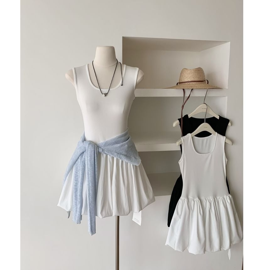 Dress Neck Mini Plain Scoop Ribbed Sleeveless A-Line