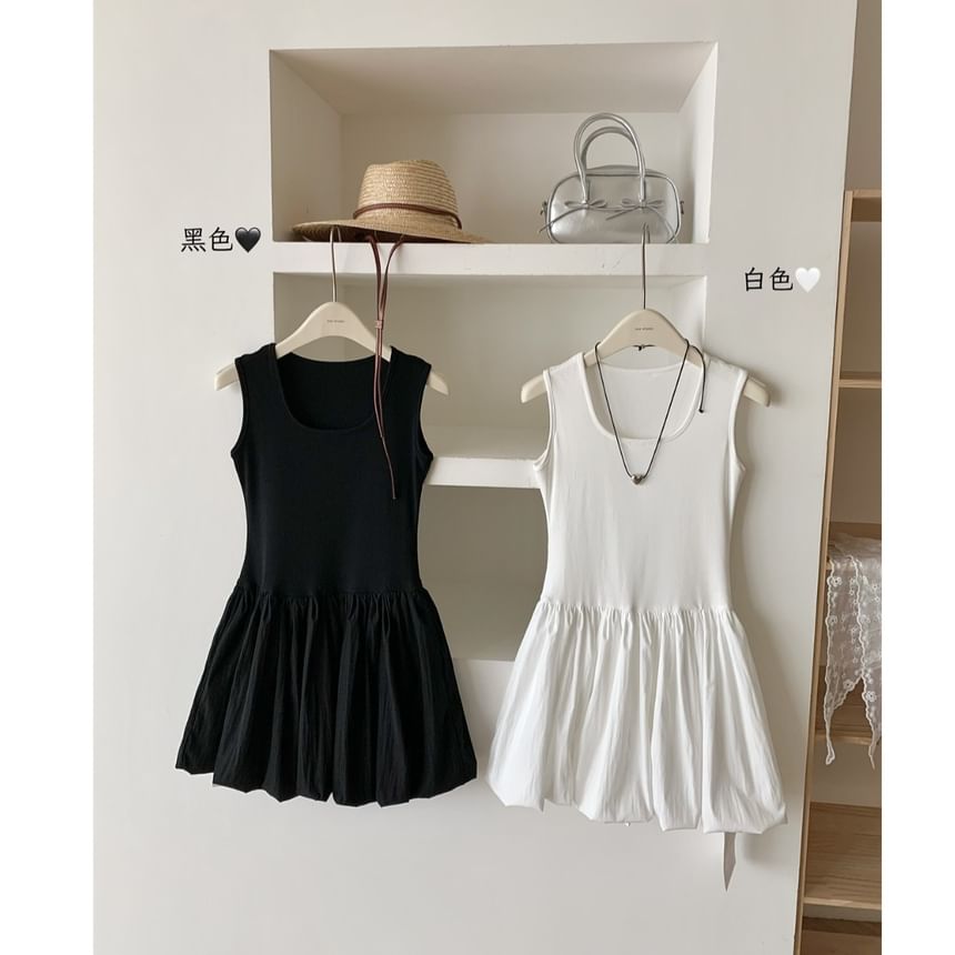 Dress Neck Mini Plain Scoop Ribbed Sleeveless A-Line