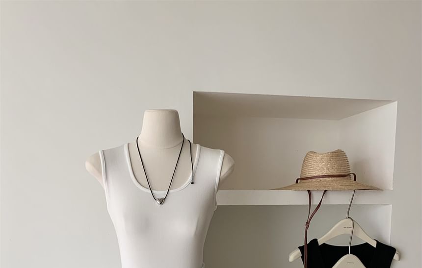 Dress Neck Mini Plain Scoop Ribbed Sleeveless A-Line