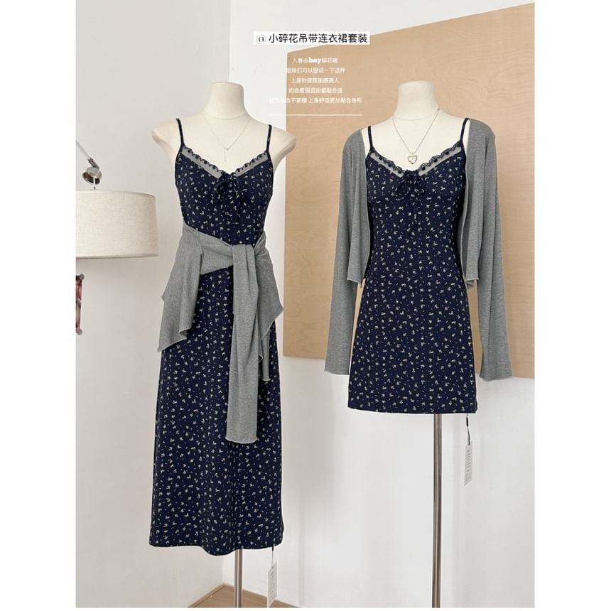 (Various Spaghetti Front Designs) Strap Lace A-Line Floral Dress Open V-Neck Set: Plain + Trim Print Cardigan