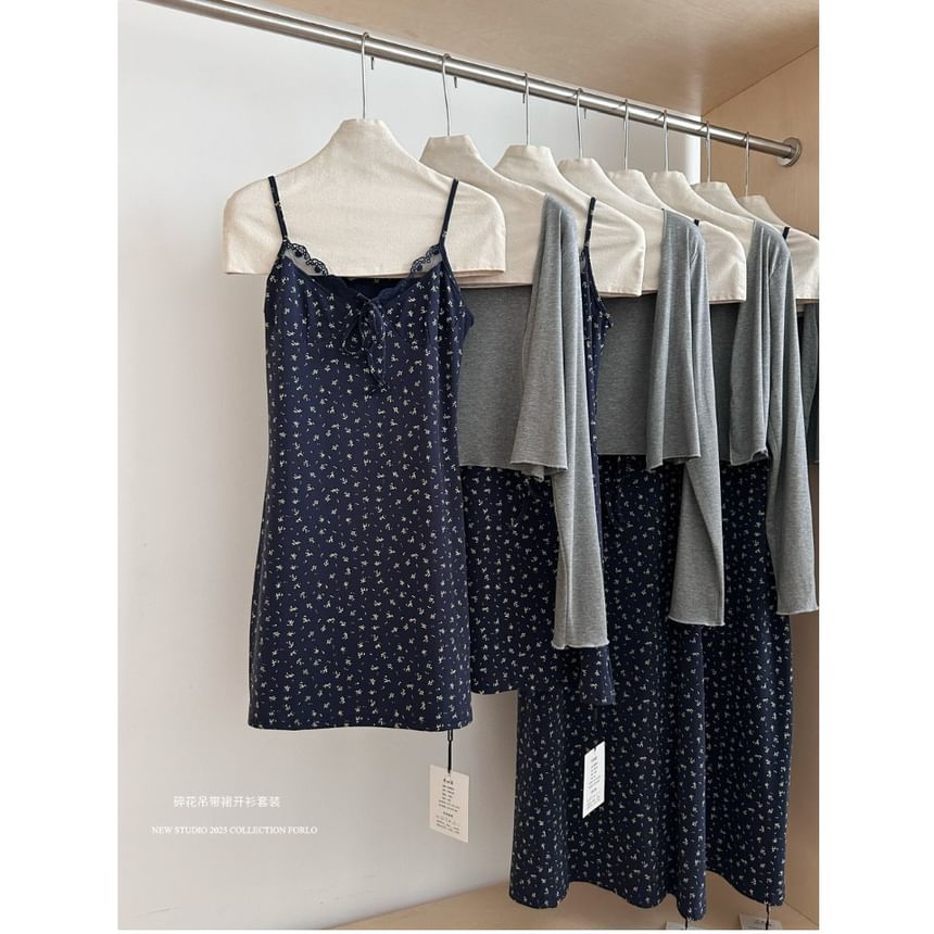 (Various Spaghetti Front Designs) Strap Lace A-Line Floral Dress Open V-Neck Set: Plain + Trim Print Cardigan