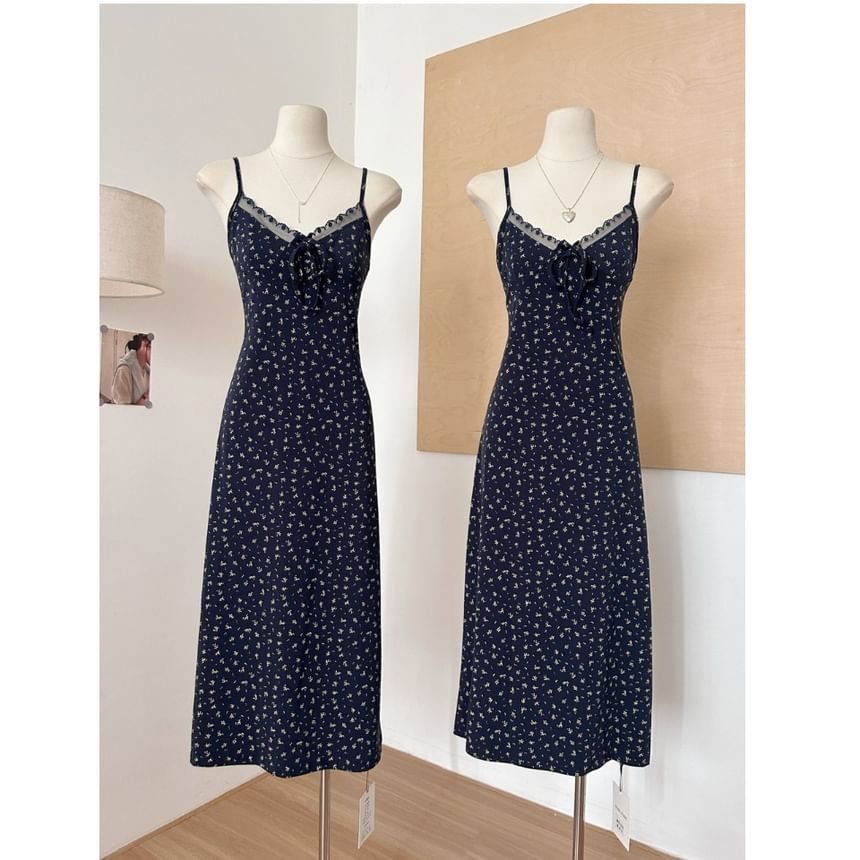 (Various Spaghetti Front Designs) Strap Lace A-Line Floral Dress Open V-Neck Set: Plain + Trim Print Cardigan