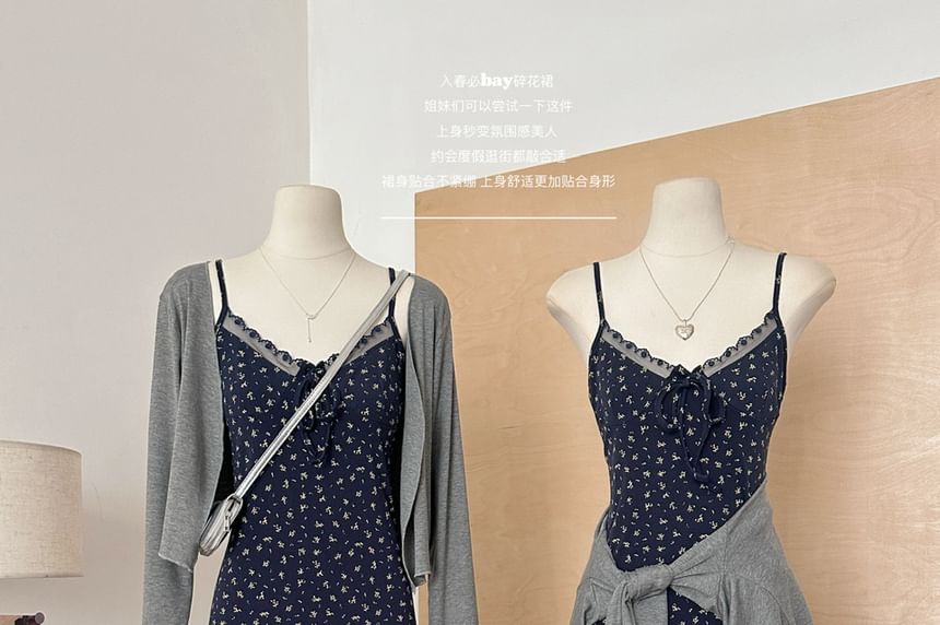 (Various Spaghetti Front Designs) Strap Lace A-Line Floral Dress Open V-Neck Set: Plain + Trim Print Cardigan